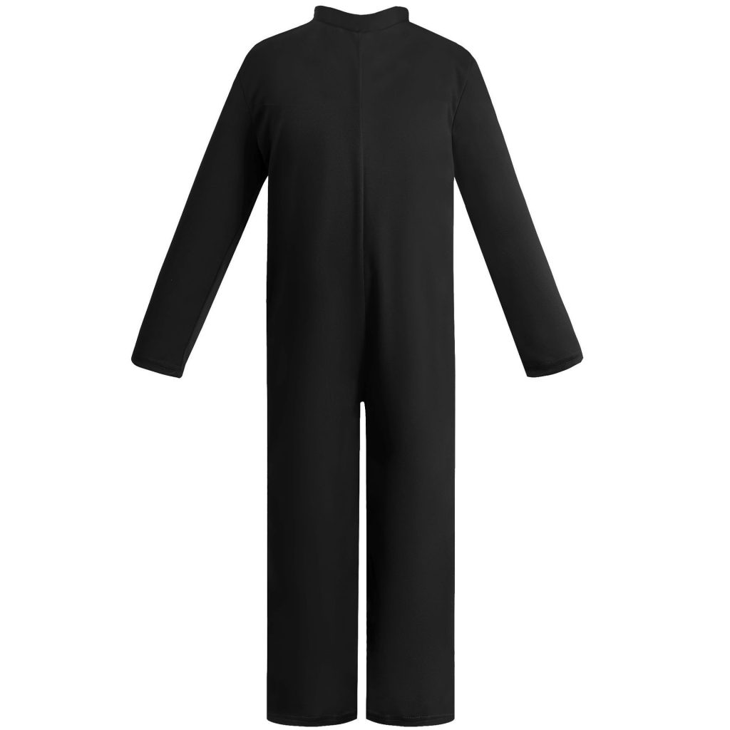 Back view of plain black long-sleeved kids jumpsuit costume base