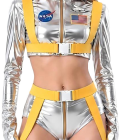 Silver space explorer four-piece costume, front view on a plain white studio background