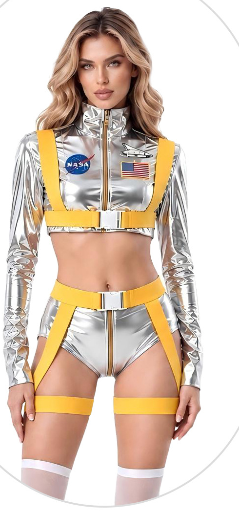 Silver space explorer four-piece costume, front view on a plain white studio background