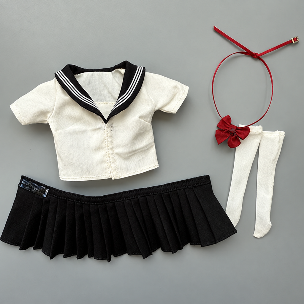 1:6 sailor outfit Style C black top and black pleated skirt red bow white socks