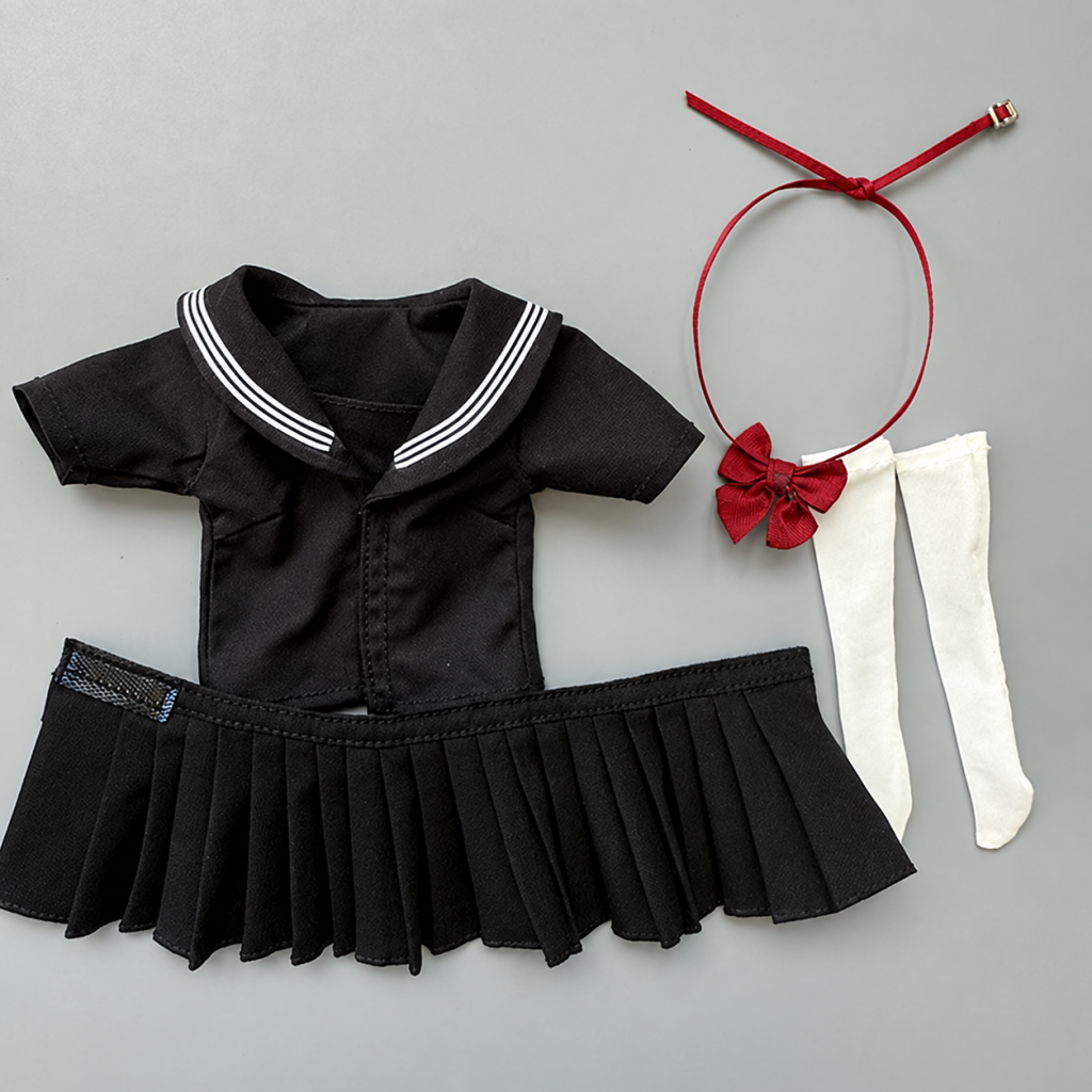 1:6 sailor outfit Style G white top and black pleated skirt red bow white socks