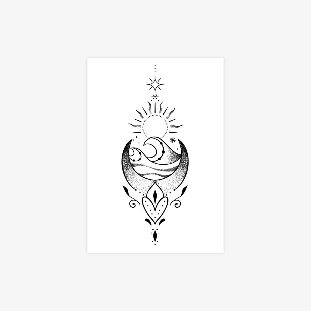 Black sun moon and stars temporary tattoo sheet