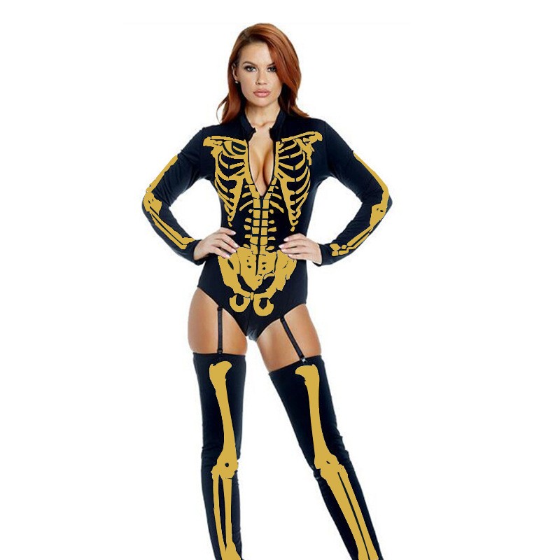 Black front-zip skeleton bodysuit with gold bone print and matching thigh-high leg pieces