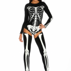 Black long-sleeve skeleton bodysuit with white bone print and matching thigh-high leg pieces