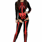 Black long-sleeve skeleton bodysuit with red bone print and garter-connected thigh-high leg pieces