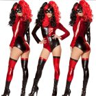 Front and back views of glossy red and black front-zip bodysuit with contrasting thigh-high leg pieces
