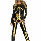 Black round-neck skeleton bodysuit with metallic gold bone print and matching thigh-high leg pieces