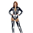 Black front-zip skeleton bodysuit with white bone print and garter-connected thigh-high leg pieces