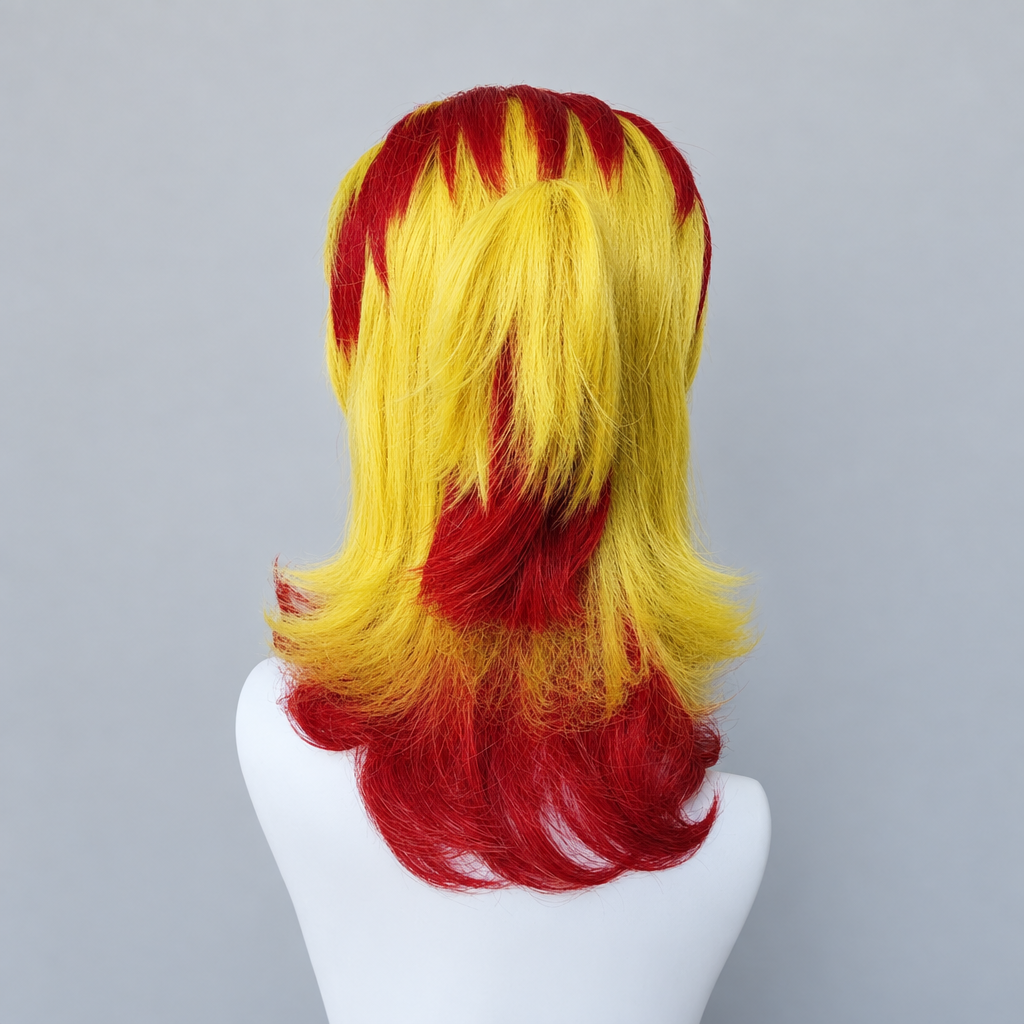 Rengoku wig styling reference: red and yellow layered back with curled ends