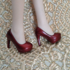 Pair of wine-red platform high-heel pumps on 1:6 figure legs; figure not included