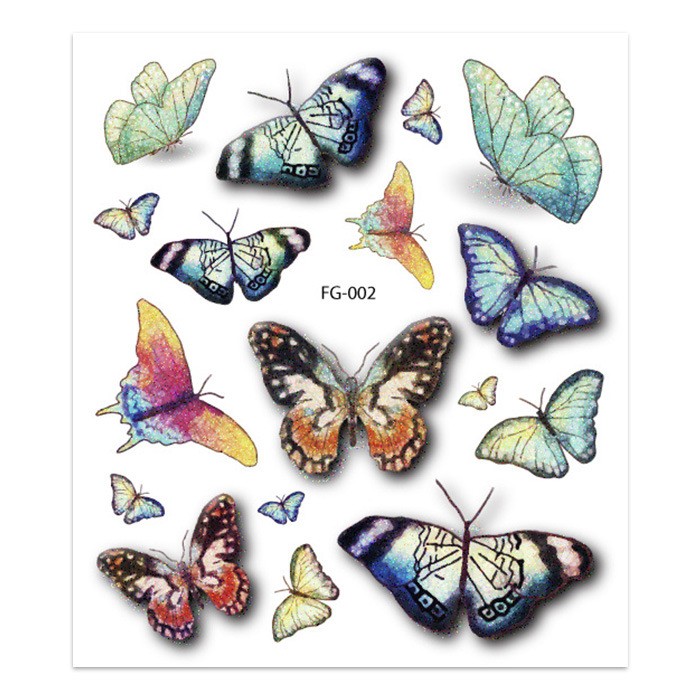 Watercolor Butterfly Cluster Temporary Tattoo Sheet — Fg-002 1 FG-002 colorful butterfly transfer sheet with several wing shapes