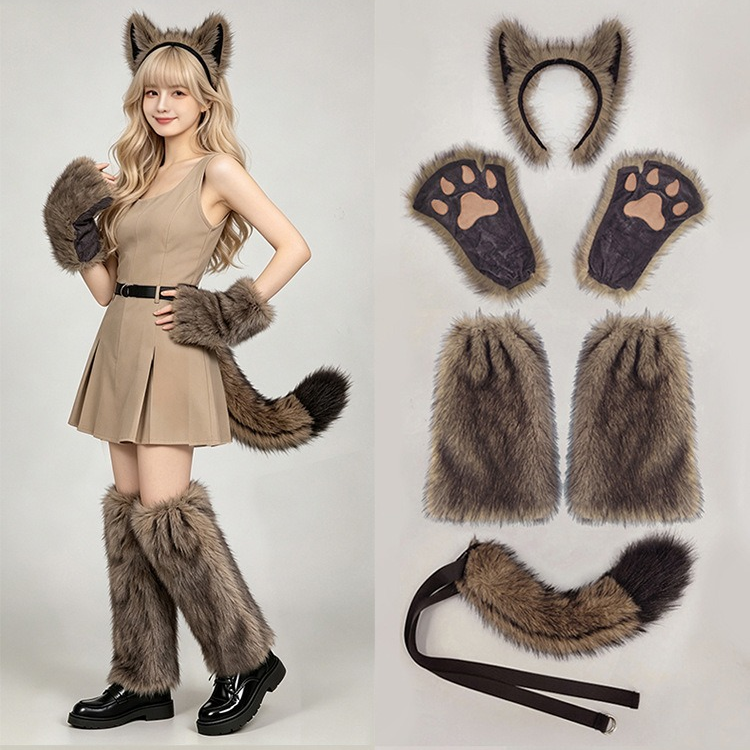 Brown wolf costume accessory kit styled and laid out with six pieces