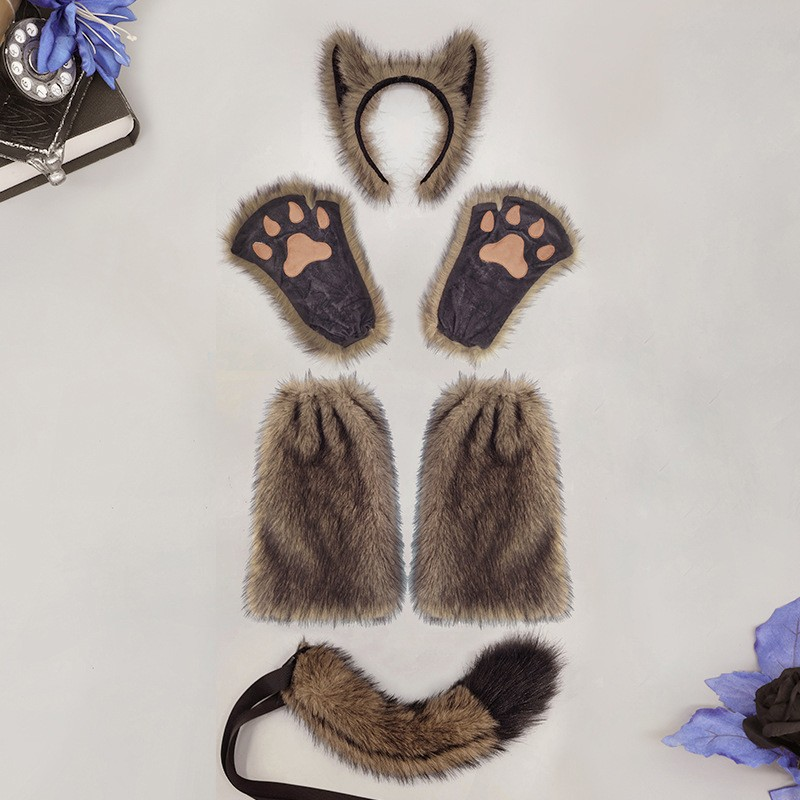 Brown wolf ears, paw gloves, leg covers and tail six-piece kit