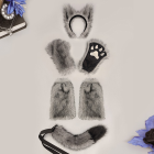 Grey wolf ears, paw gloves, leg covers and tail six-piece kit