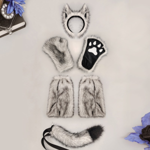 White gray-shaded wolf ears, paw gloves, leg covers and tail six-piece kit