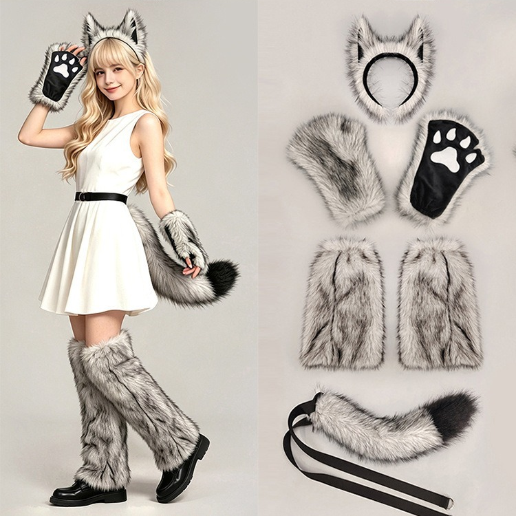White and grey wolf accessory set styled and laid out as six pieces