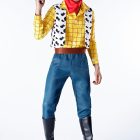 Woody cowboy costume with checked shirt and cow-print vest
