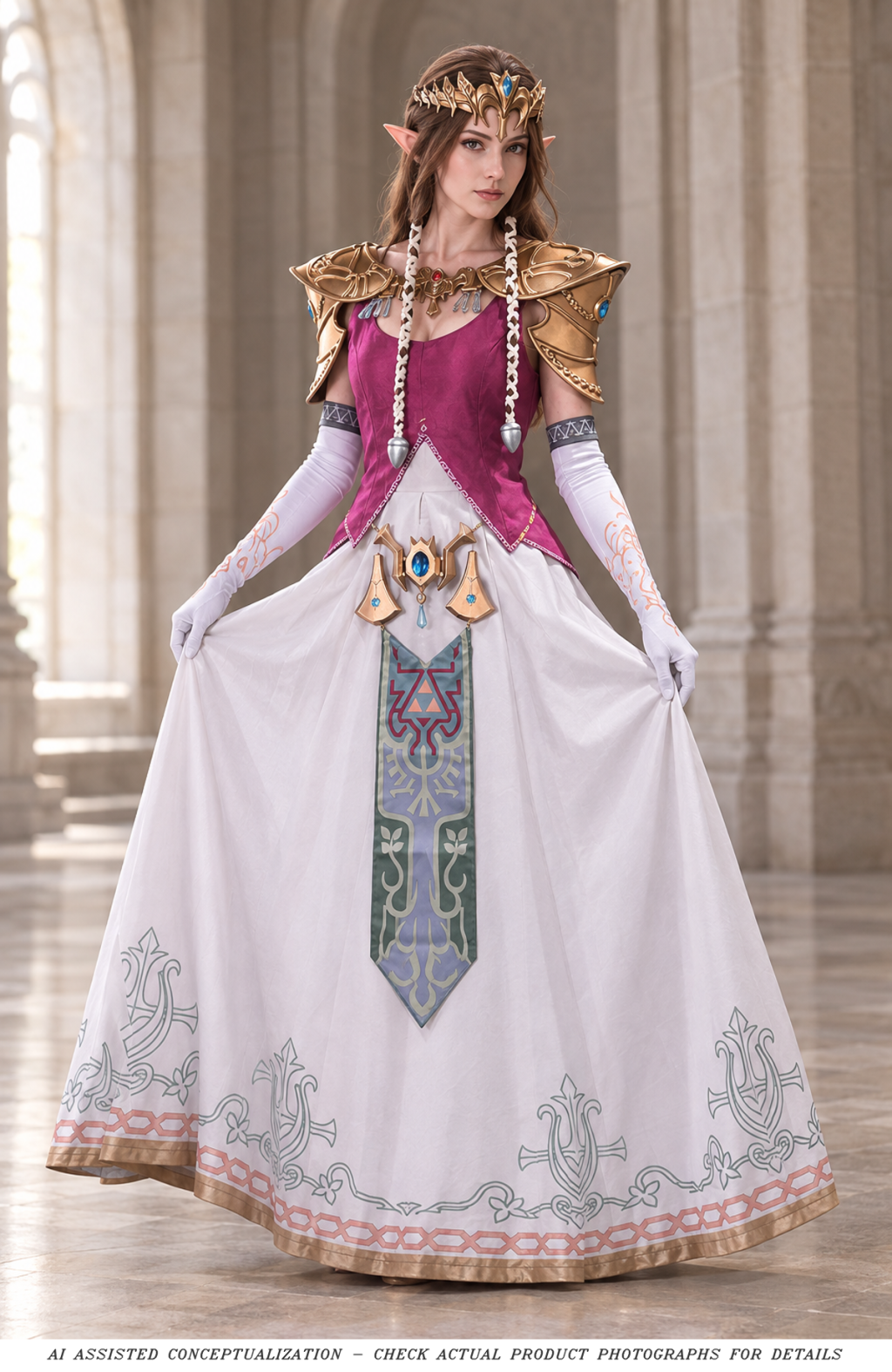 AI-assisted styling concept of an adult woman wearing the Twilight Princess Zelda Full Set dress, gold shoulder armor, waist cover, gloves, tiara and elf ears