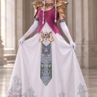 AI-assisted styling concept of an adult woman wearing the Twilight Princess Zelda Full Set dress, gold shoulder armor, waist cover, gloves, tiara and elf ears