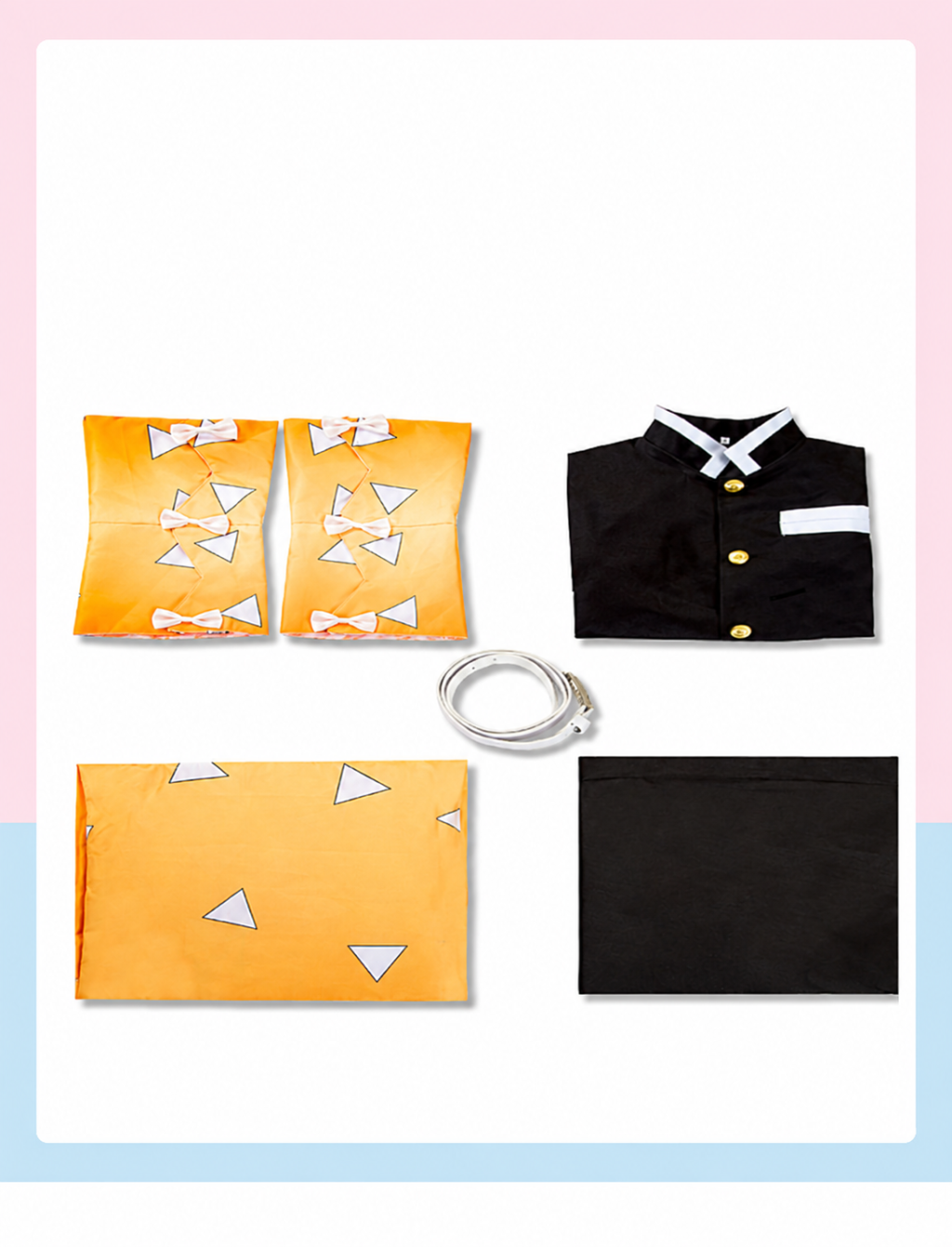 Zenitsu costume components with paired bow-fastened leg wraps, folded black uniform top, white belt, haori and trousers