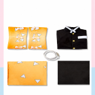 Zenitsu costume components with paired bow-fastened leg wraps, folded black uniform top, white belt, haori and trousers