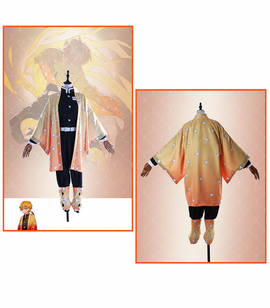 Zenitsu Agatsuma costume front and back on mannequins with yellow-orange triangle-pattern haori, black uniform, belt and leg wraps