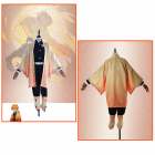 Zenitsu Agatsuma costume front and back on mannequins with yellow-orange triangle-pattern haori, black uniform, belt and leg wraps