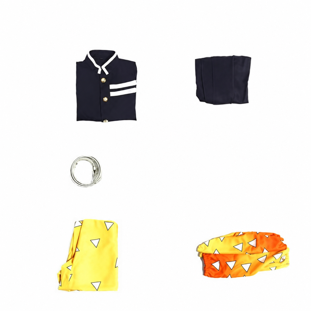 Zenitsu costume contents: folded uniform top, trousers, belt, triangle-pattern haori and leg wraps