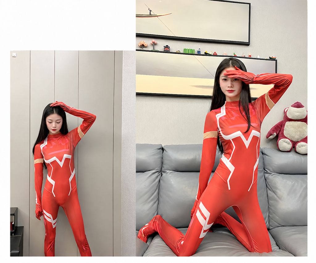 Zero Two inspired red and white standard cosplay bodysuit on model; props not included