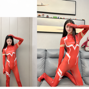 Zero Two inspired red and white standard cosplay bodysuit on model; props not included
