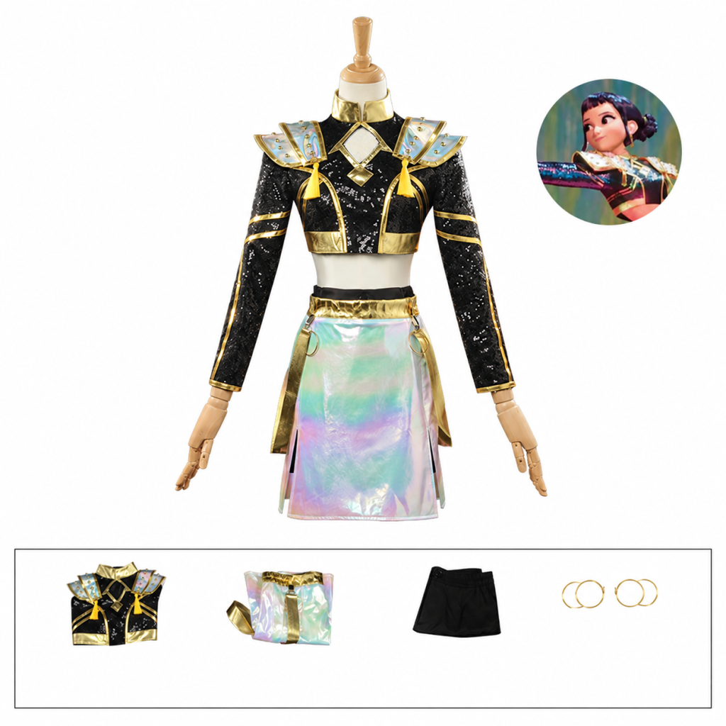 Zoey black and gold costume with iridescent skirt and included pieces